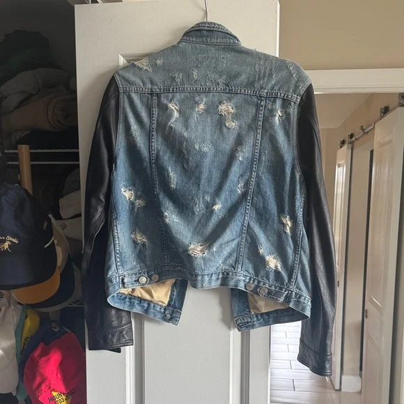 rag & bone Blue Denim Jacket with Black Leather Sleeves - Picture 2 of 2